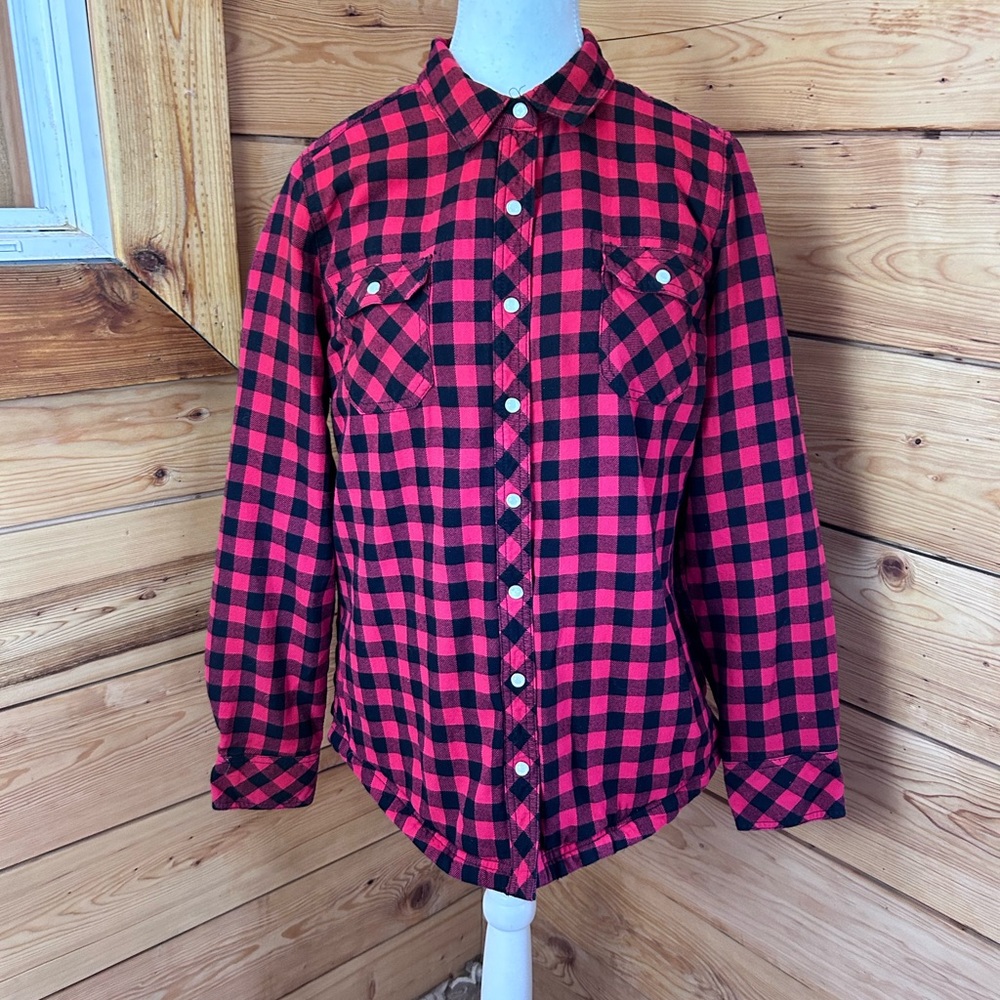 Cotton Red Black Plaid Checker Sherpa‎ Lined Utility Jacket Womens Medium
